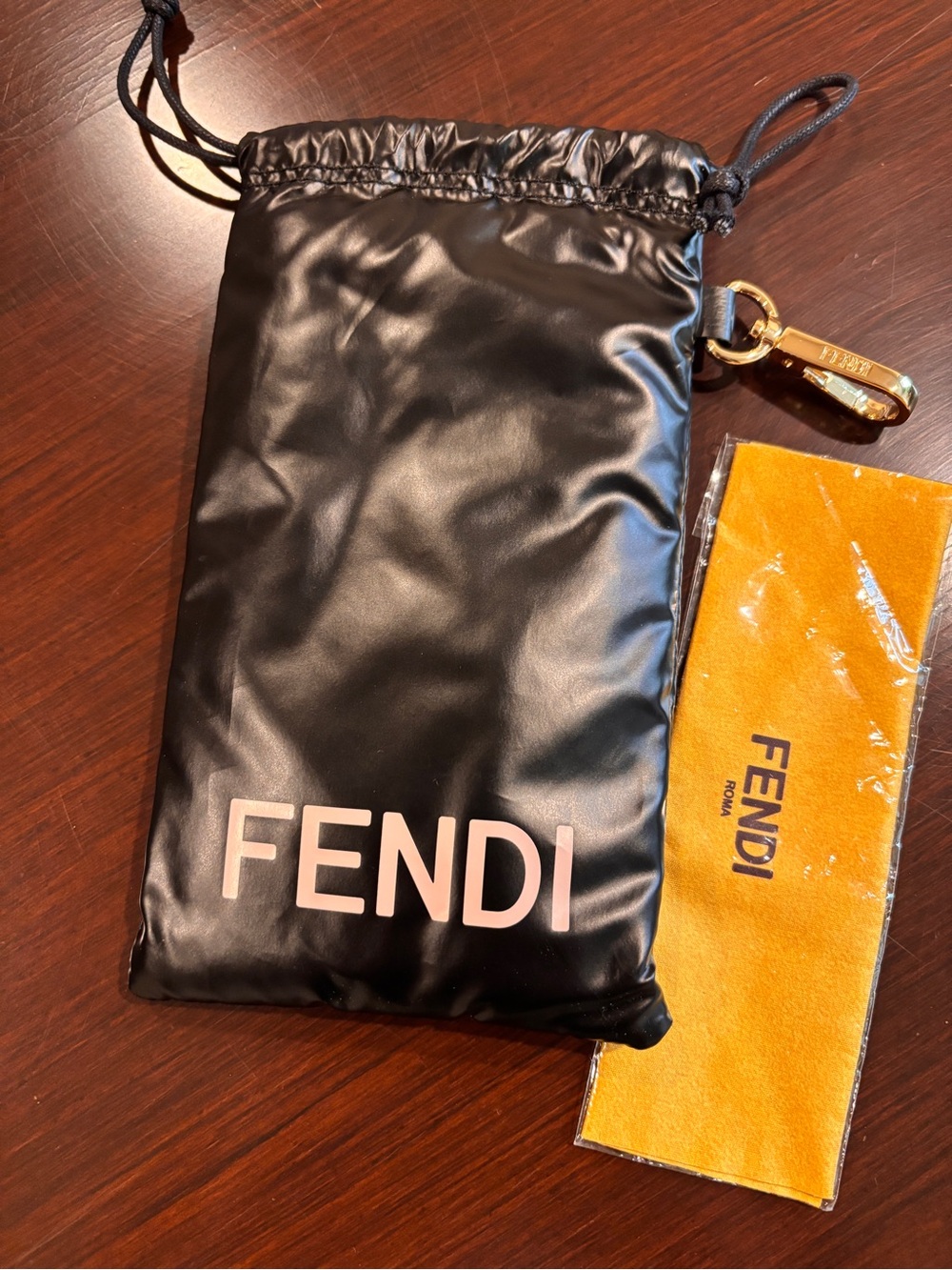 Fendi Black Drawstring Pouch with Pink Logo and Gold Hardware for Sunglasses 😎